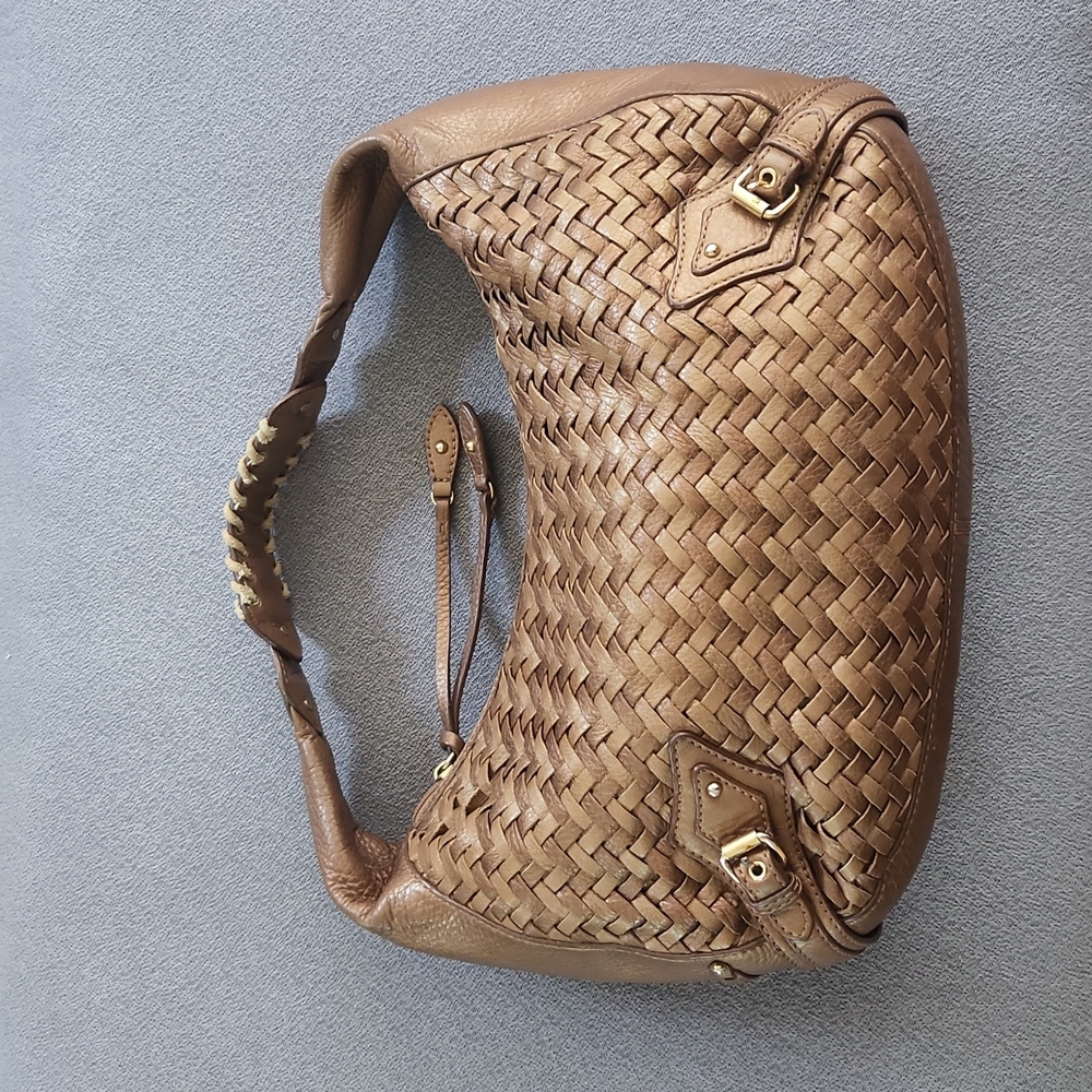 COLE HAAN ▪︎ Village Weave Hobo Bronzy Taupe Pebbled Leather Hand Woven PurseH06